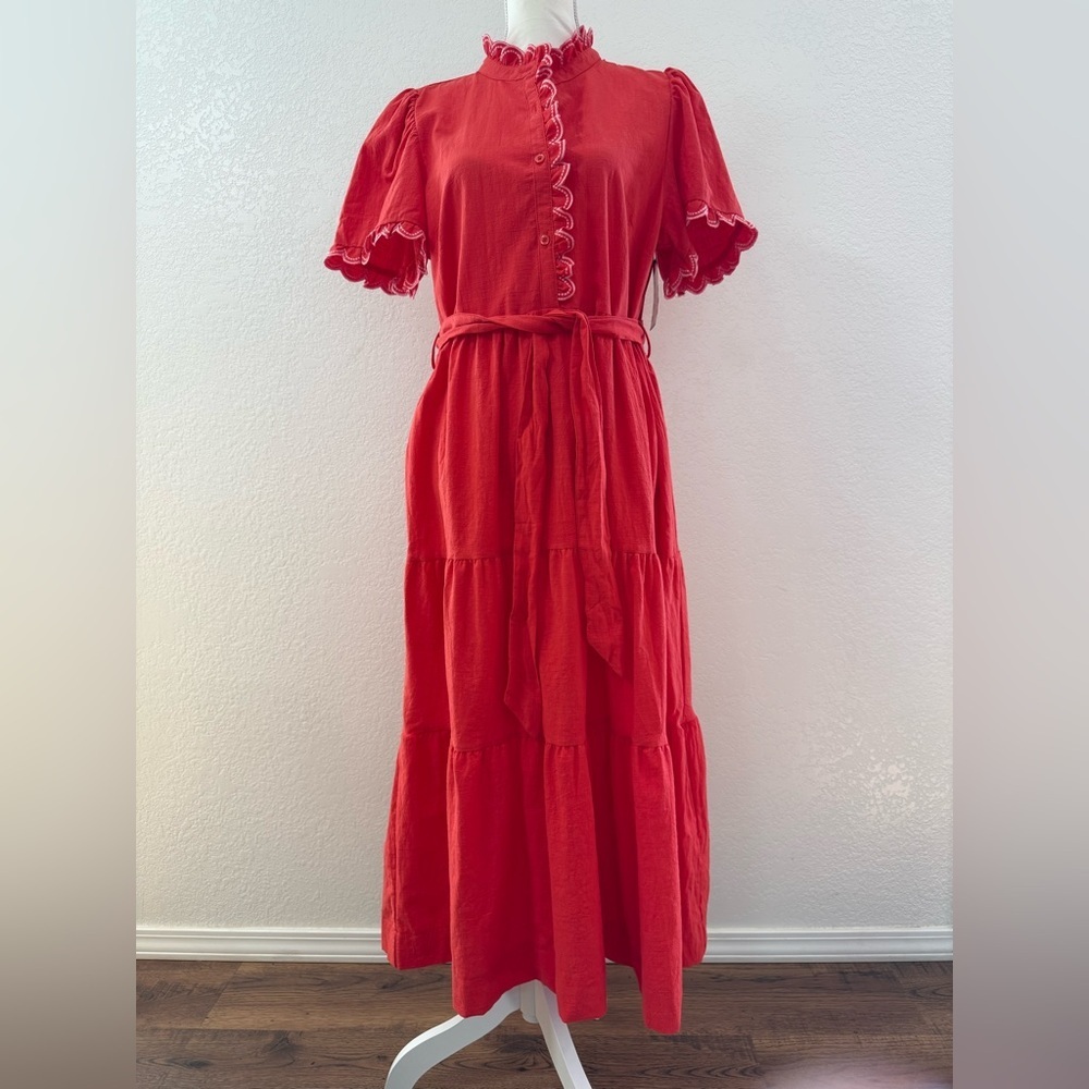 NWT! UMGEE Orange 100% cotton Tiered Maxi Dress M ruffle button belted short sl. - Picture 2 of 14